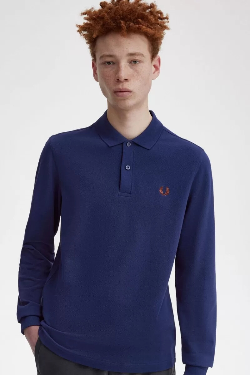 fred perry m6006 herrskjorta fransk marinblå whiskybrun