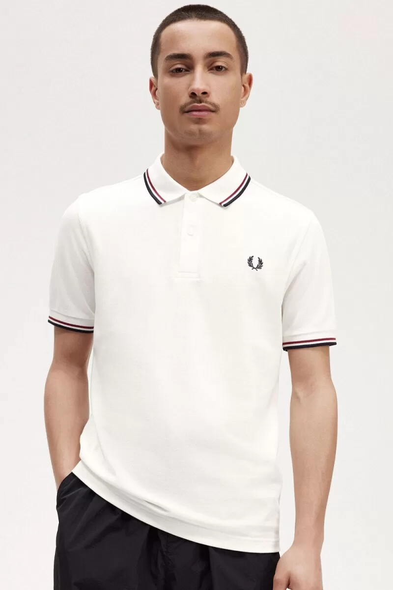 fred perry m3600 herrskjorta snövit bränd röd marinblå