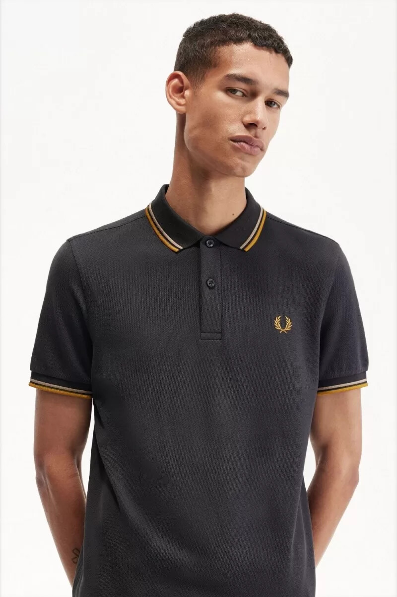 fred perry m3600 herrskjorta anchor grågrön mörk kaffe