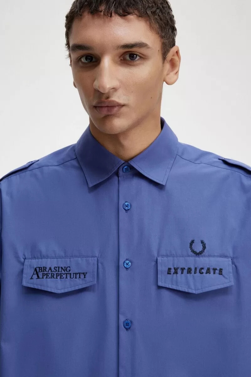 fred perry oversized utility herrskjorta kungsblå