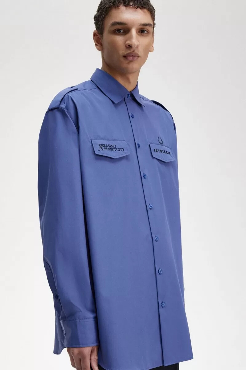 fred perry oversized utility herrskjorta kungsblå
