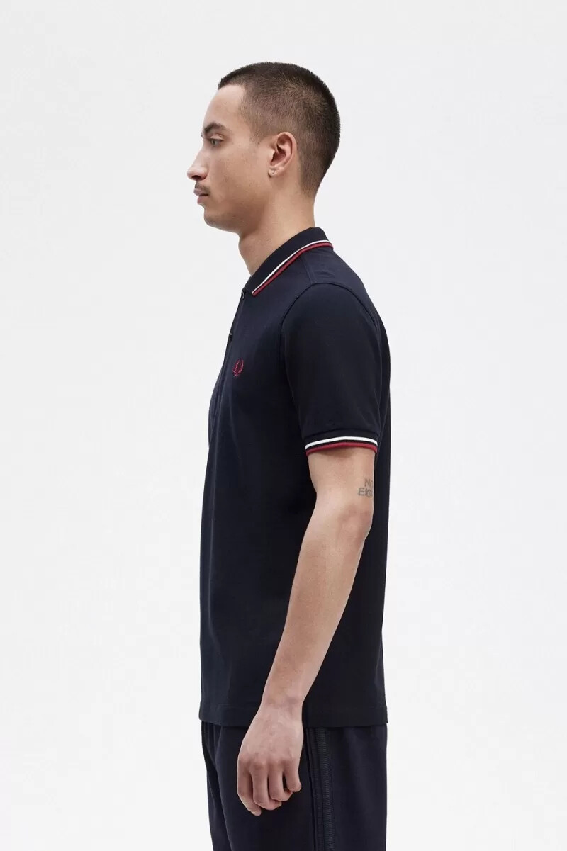 fred perry m3600 herrskjorta marinblå snövit bränd röd