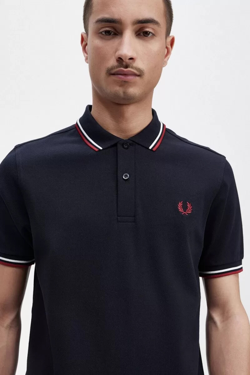 fred perry m3600 herrskjorta marinblå snövit bränd röd