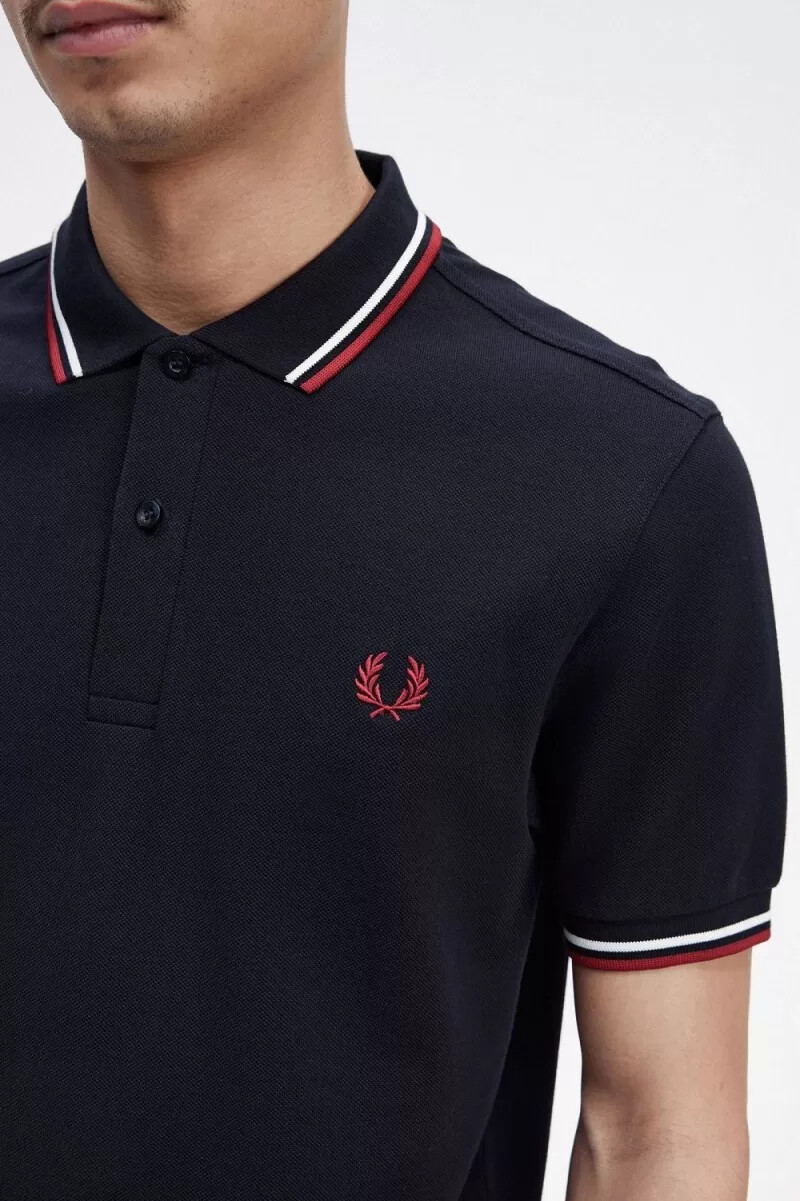 fred perry m3600 herrskjorta marinblå snövit bränd röd
