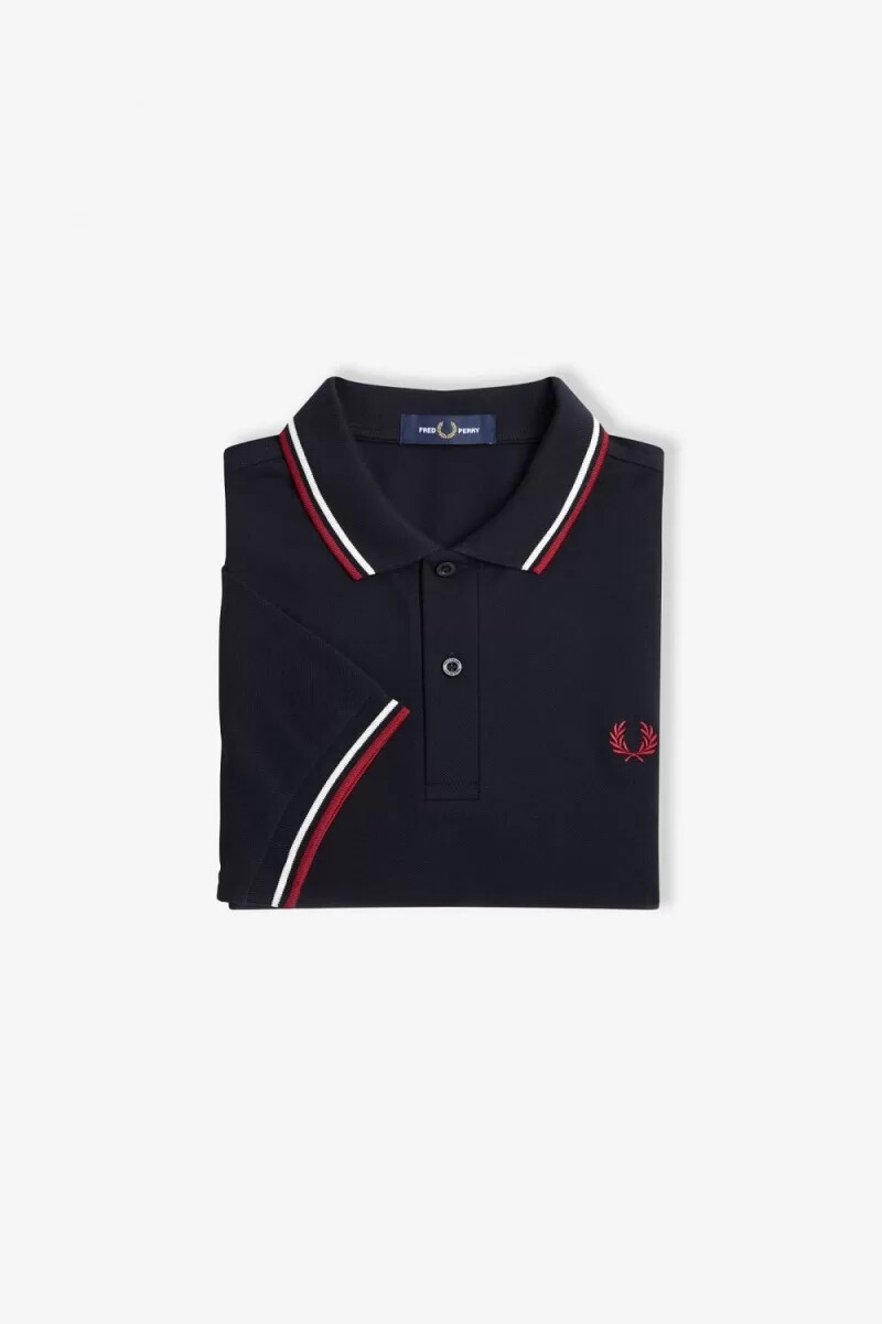 fred perry m3600 herrskjorta marinblå snövit bränd röd
