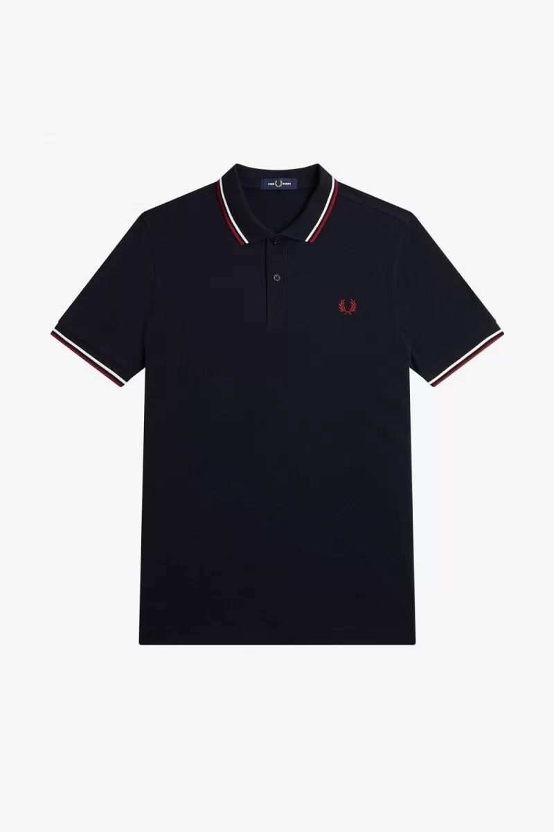 fred perry m3600 herrskjorta marinblå snövit bränd röd
