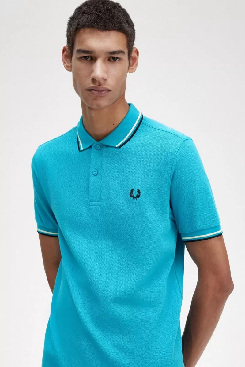 fred perry m3600 herrskjorta cyberblå aqua cream svart