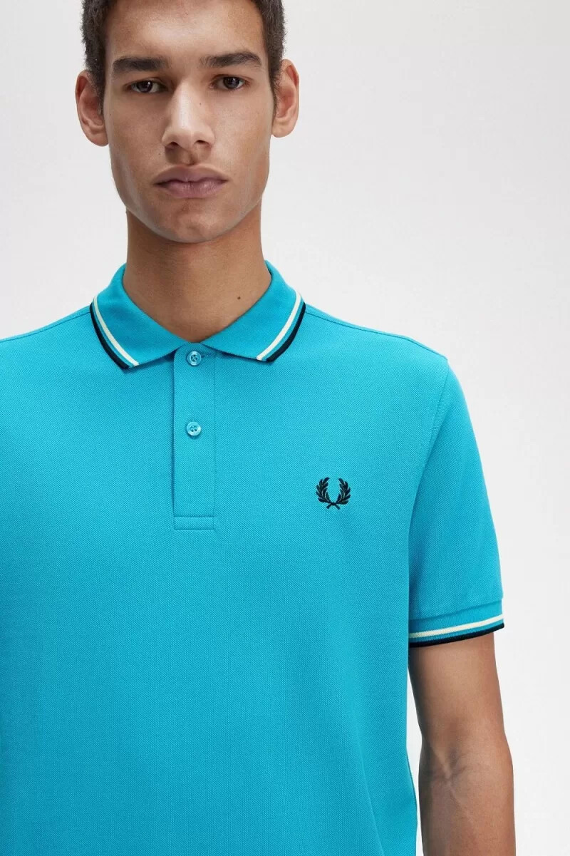 fred perry m3600 herrskjorta cyberblå aqua cream svart