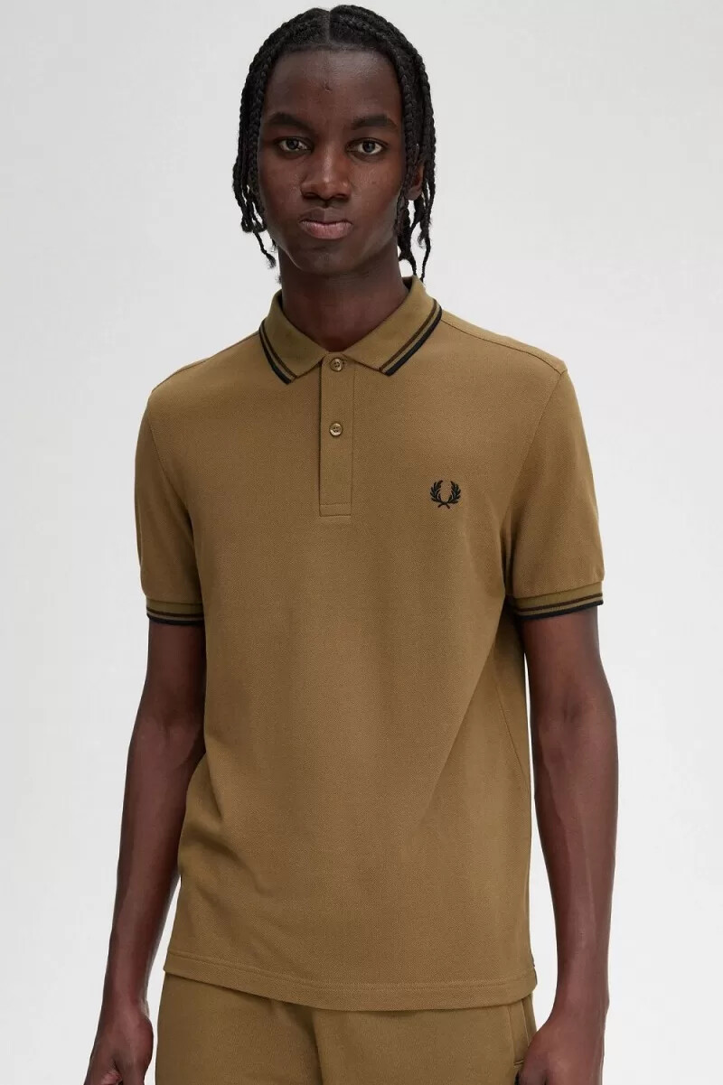 fred perry m3600 herrskjorta brun bränd tobak svart