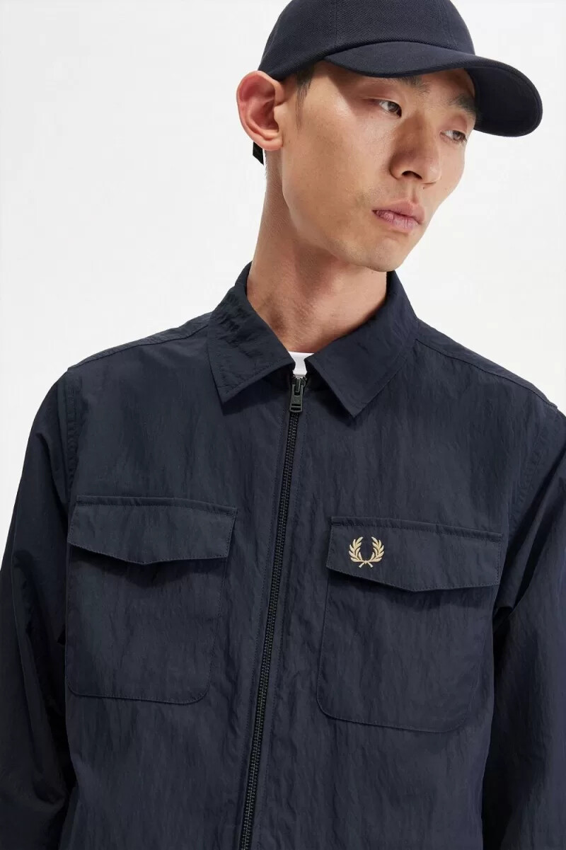 fred perry texturerad zip-through herrskjorta marinblå