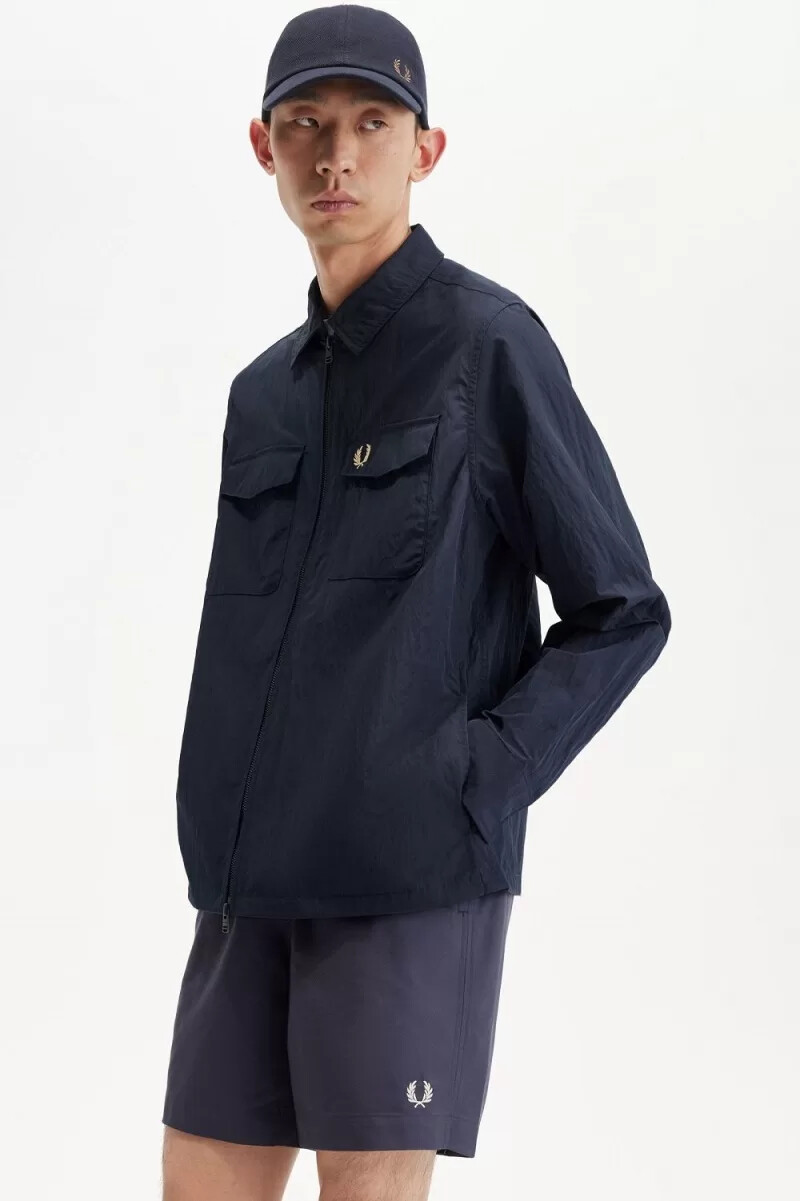 fred perry texturerad zip-through herrskjorta marinblå