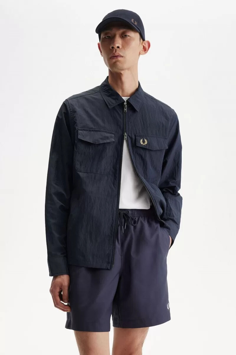 fred perry texturerad zip-through herrskjorta marinblå