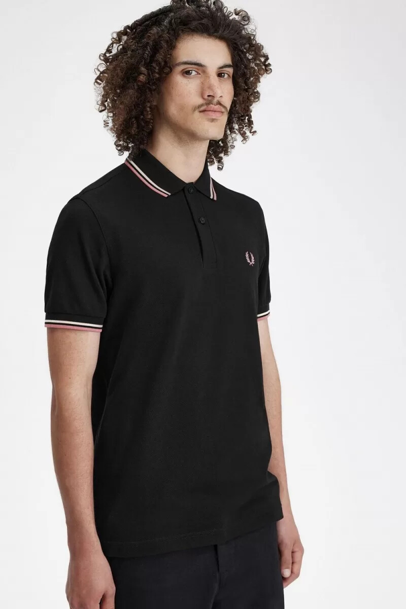 fred perry m3600 herrskjorta svart beige dusty rose rosa