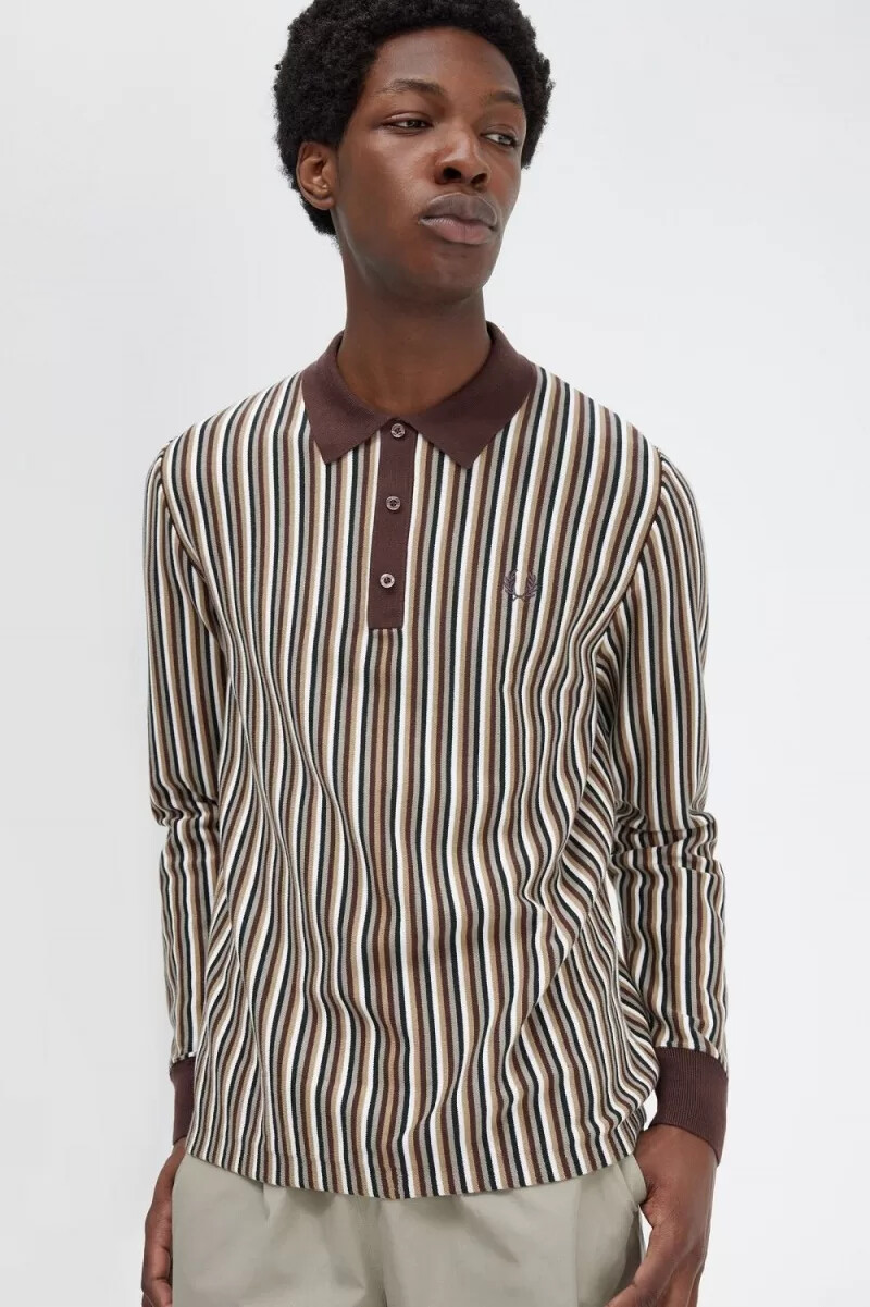 fred perry fine randig stickad herrskjorta mörkröd