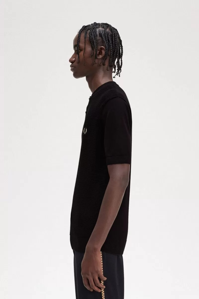 fred perry waffle stitch henley herrskjorta svart