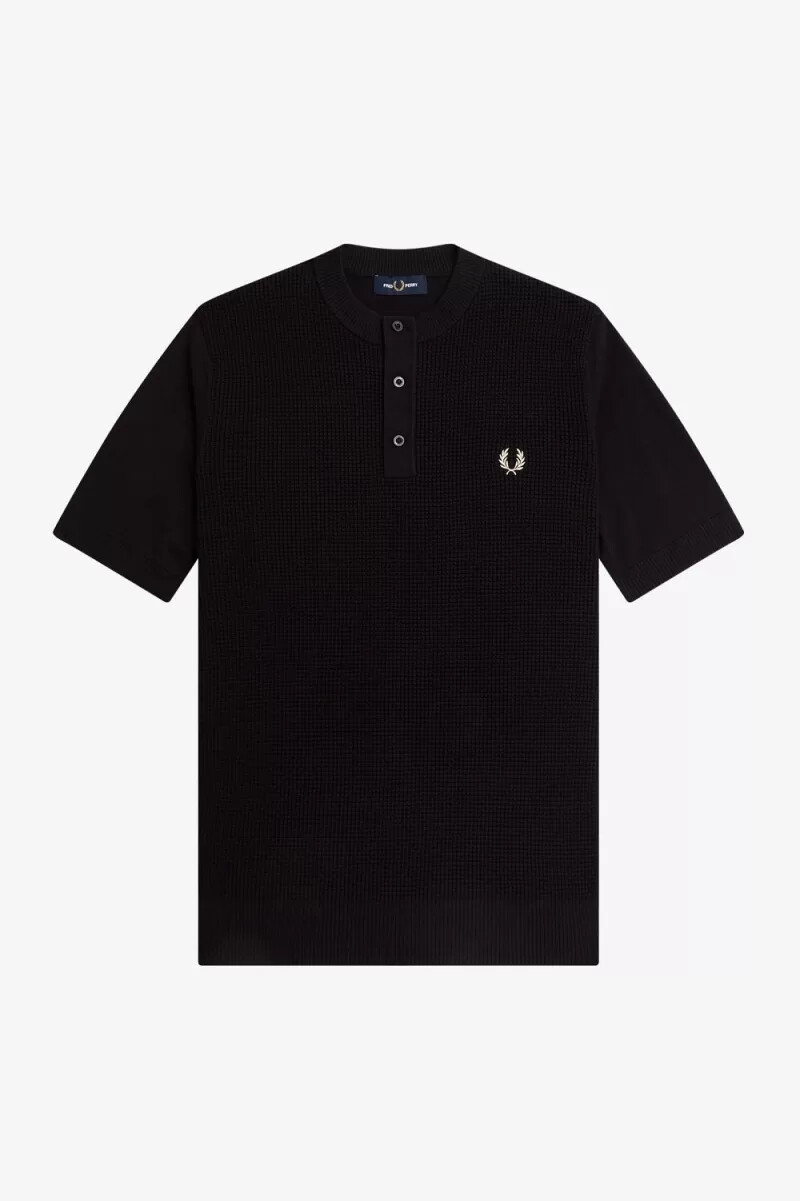 fred perry waffle stitch henley herrskjorta svart