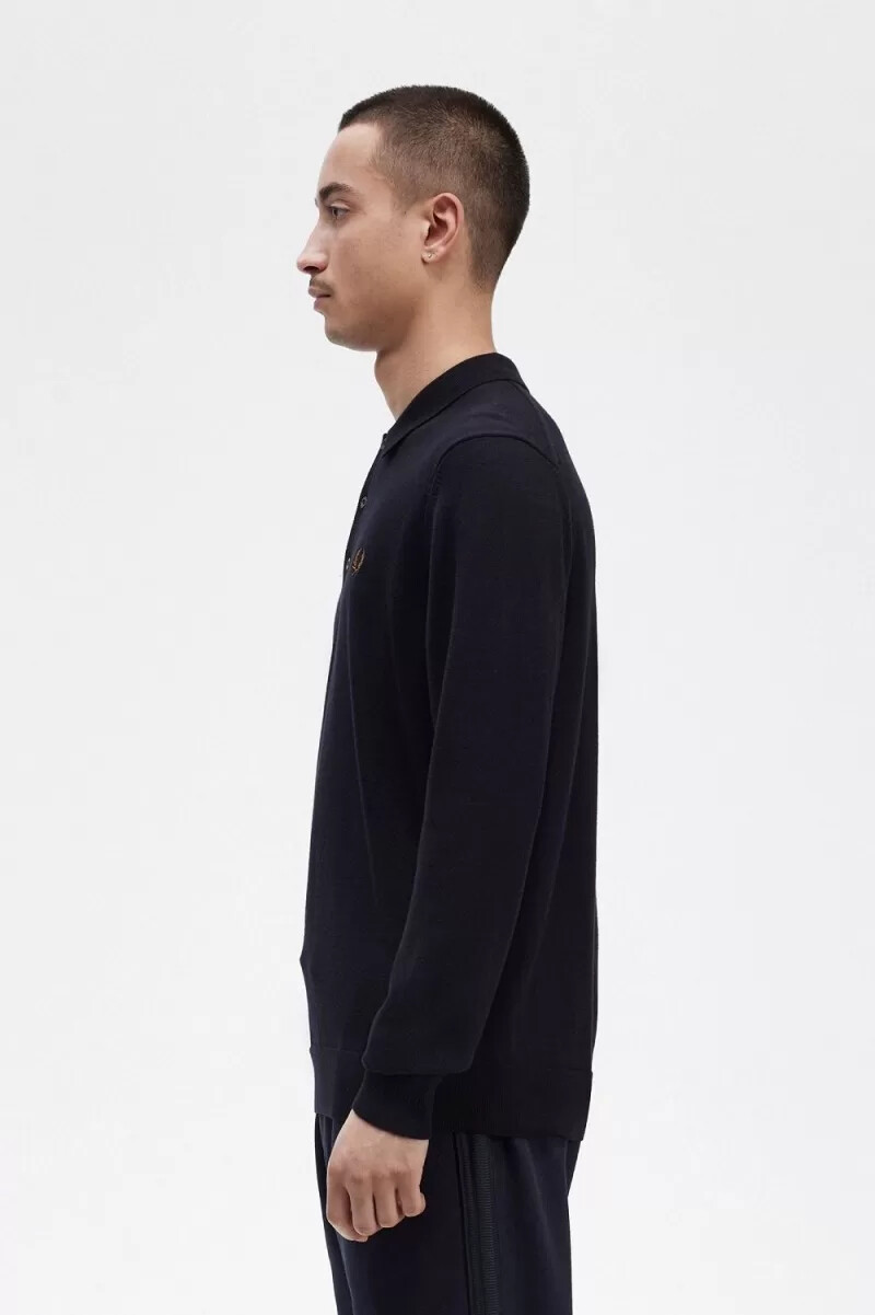 fred perry långärmad stickad herrskjorta marinblå