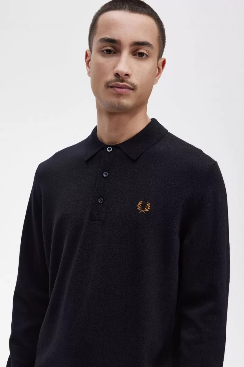 fred perry långärmad stickad herrskjorta marinblå