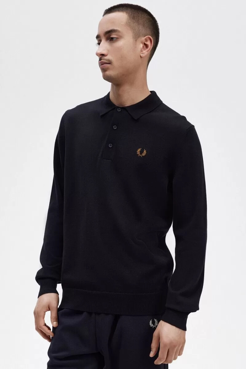 fred perry långärmad stickad herrskjorta marinblå