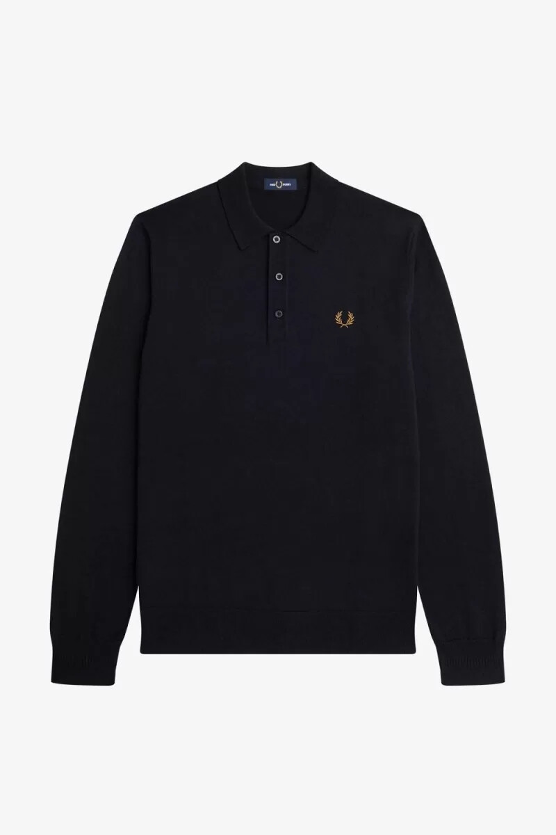 fred perry långärmad stickad herrskjorta marinblå