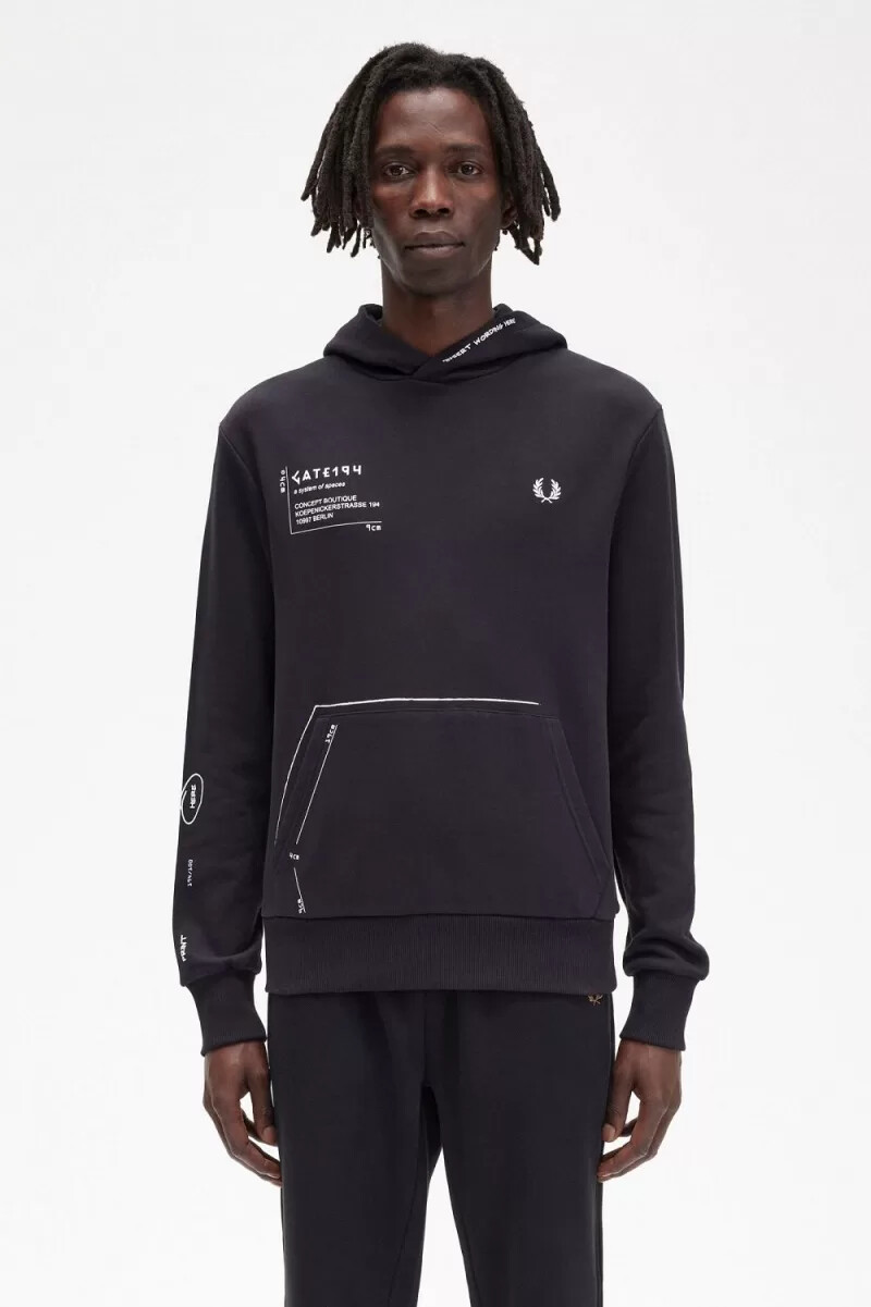 fred perry mönstrad hoodie herrskjorta svart