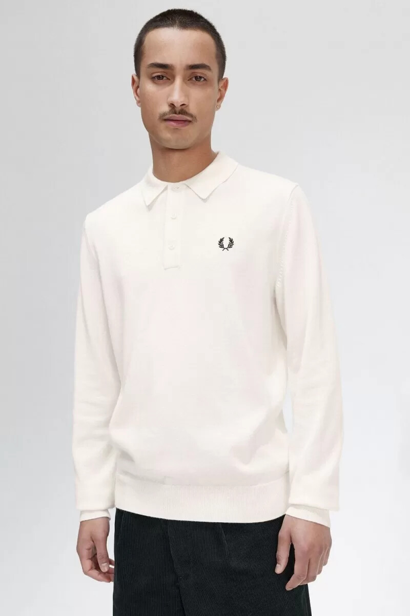 fred perry långärmad stickad herrskjorta beige