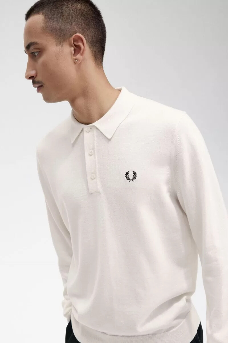 fred perry långärmad stickad herrskjorta beige
