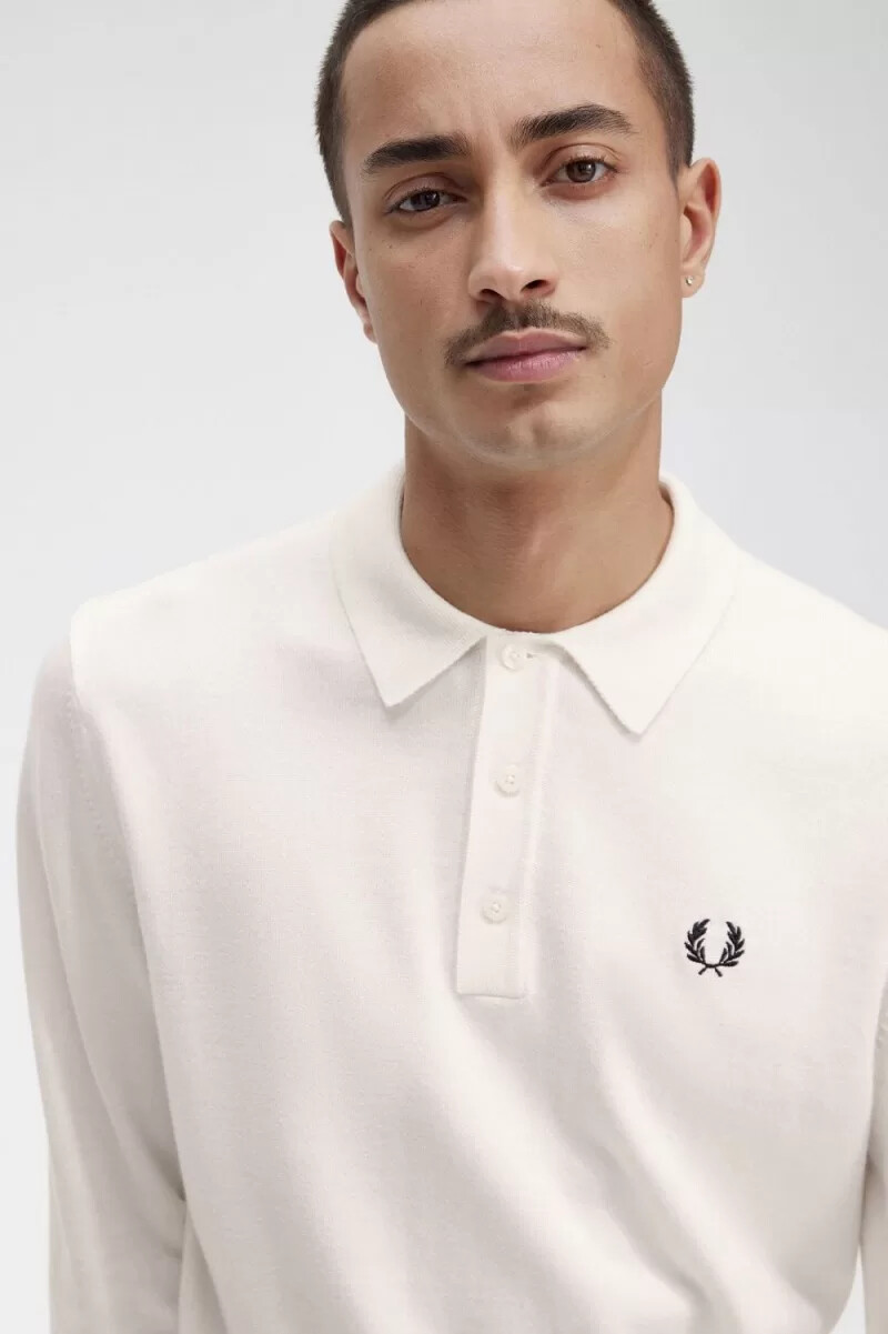 fred perry långärmad stickad herrskjorta beige