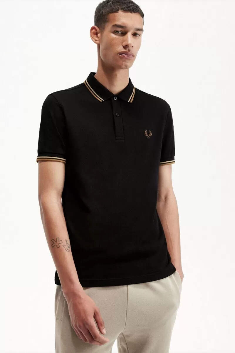 fred perry m3600 herrskjorta svart grön brun
