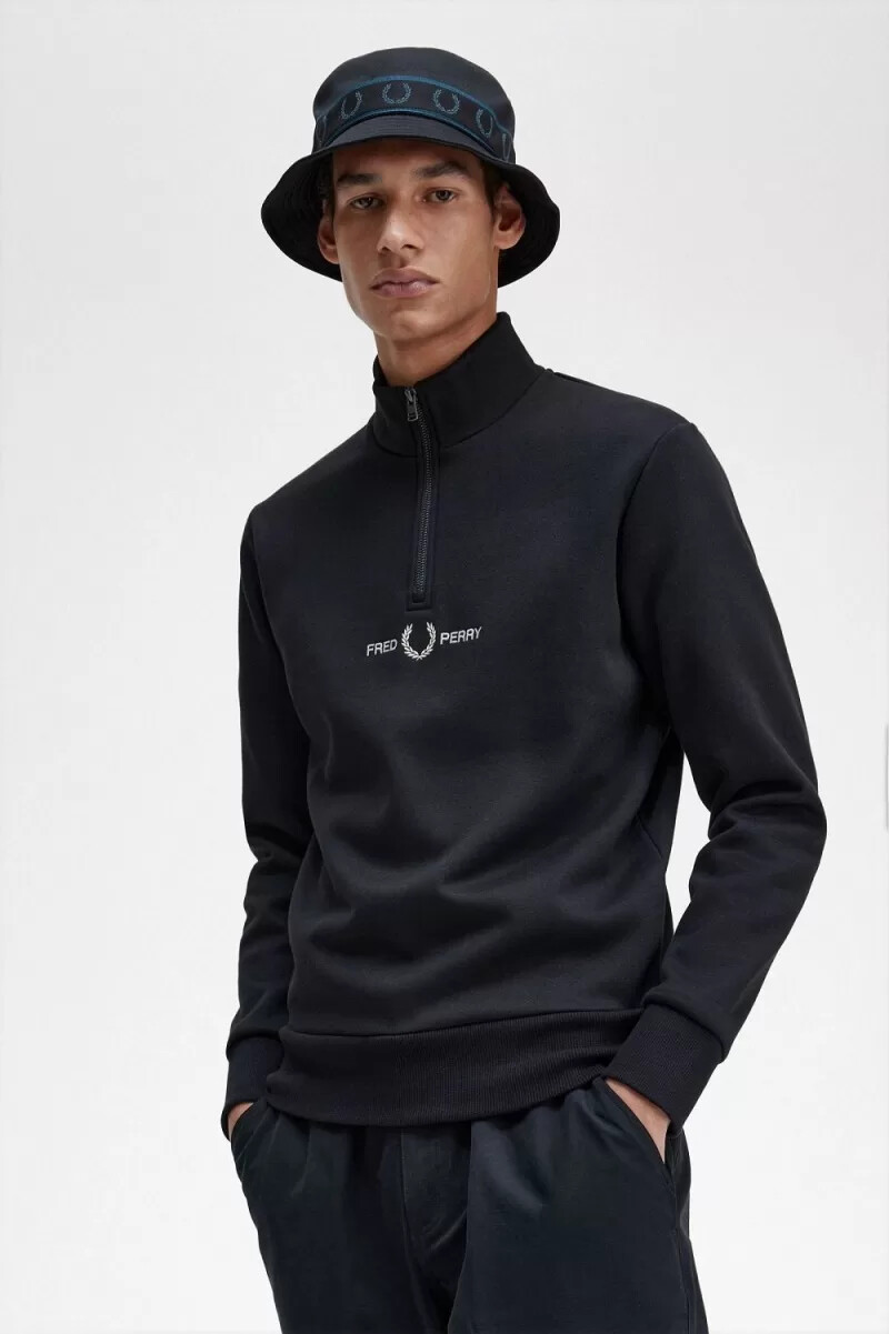 fred perry broderad half zip herrtröja svart