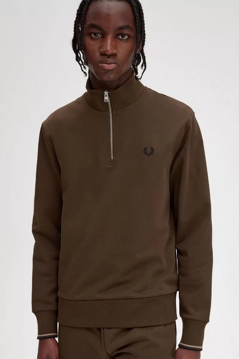 fred perry herrtröjor med halv dragkedja burnt tobacco