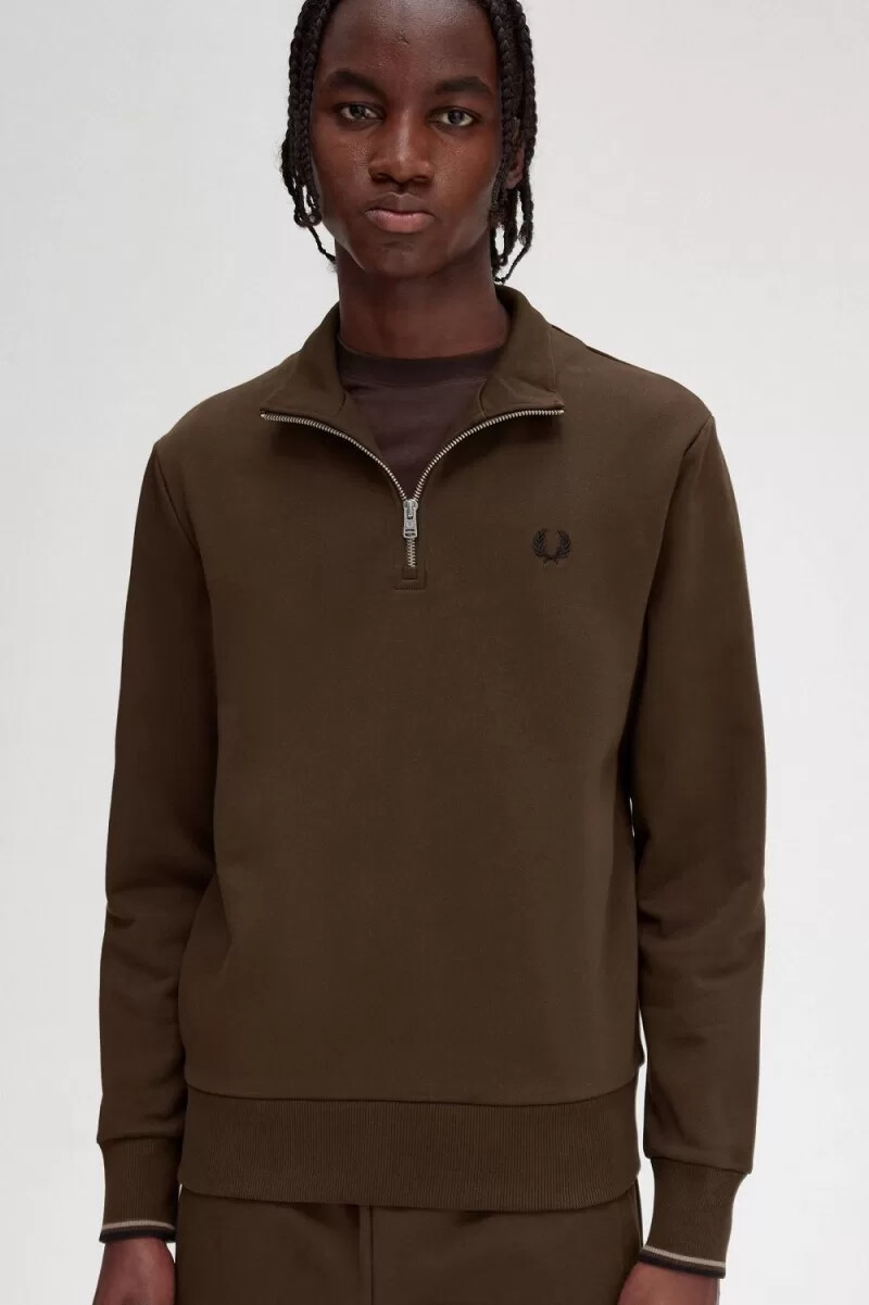 fred perry herrtröjor med halv dragkedja burnt tobacco