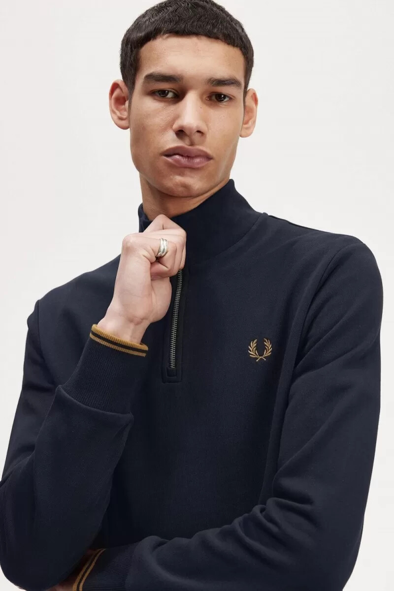 fred perry half zip herrtröjor marinblå mörk kaffe