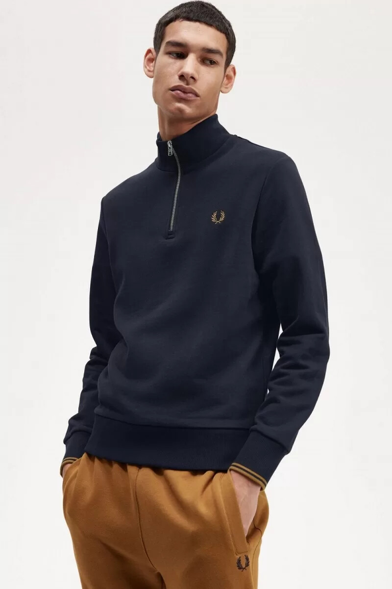 fred perry half zip herrtröjor marinblå mörk kaffe