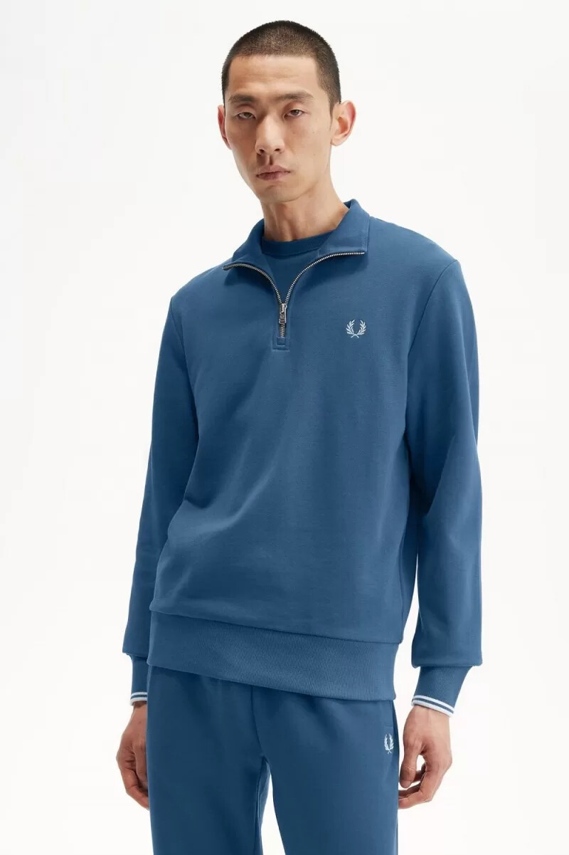 fred perry herrtröjor med halv dragkedja midnattsblå ljus aqua