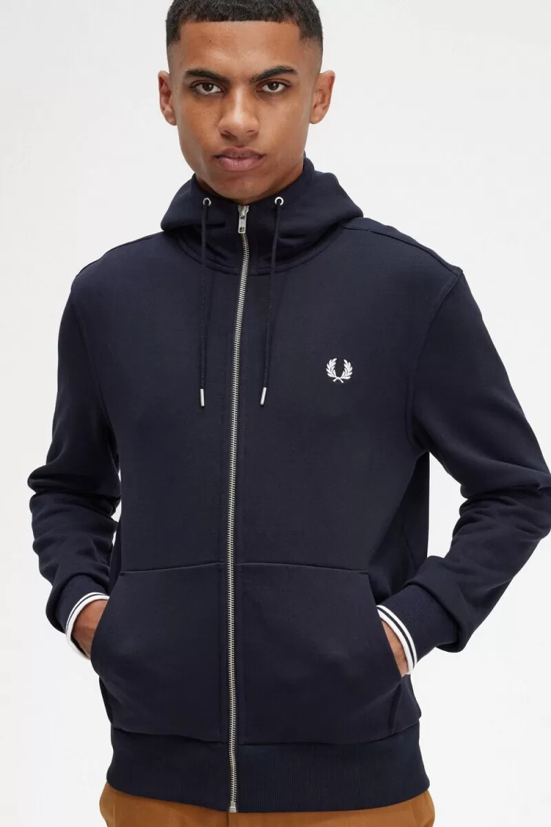 fred perry hooded zip through herrtröjor marinblå