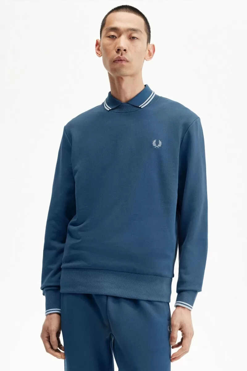 fred perry rund neck herrtröjor midnattsblå ljus aqua