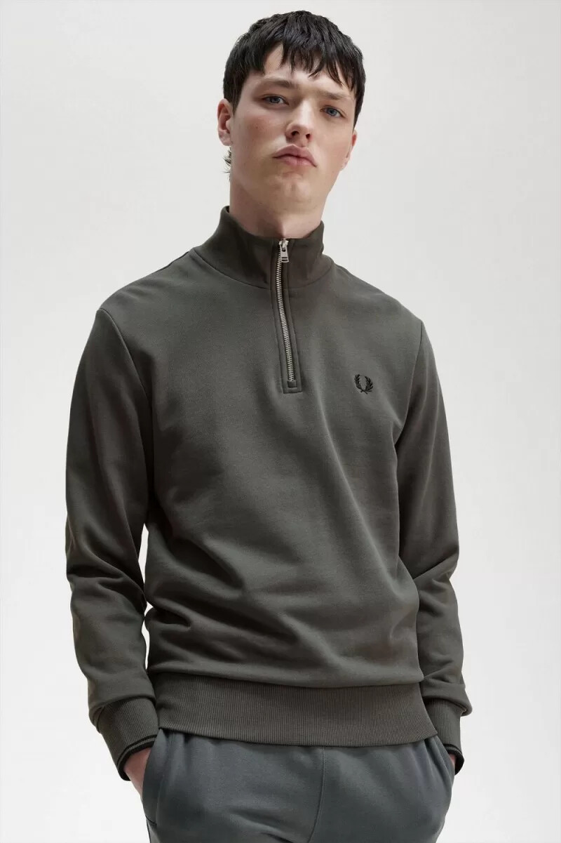fred perry herrtröjor med halv dragkedja i fältgrönt