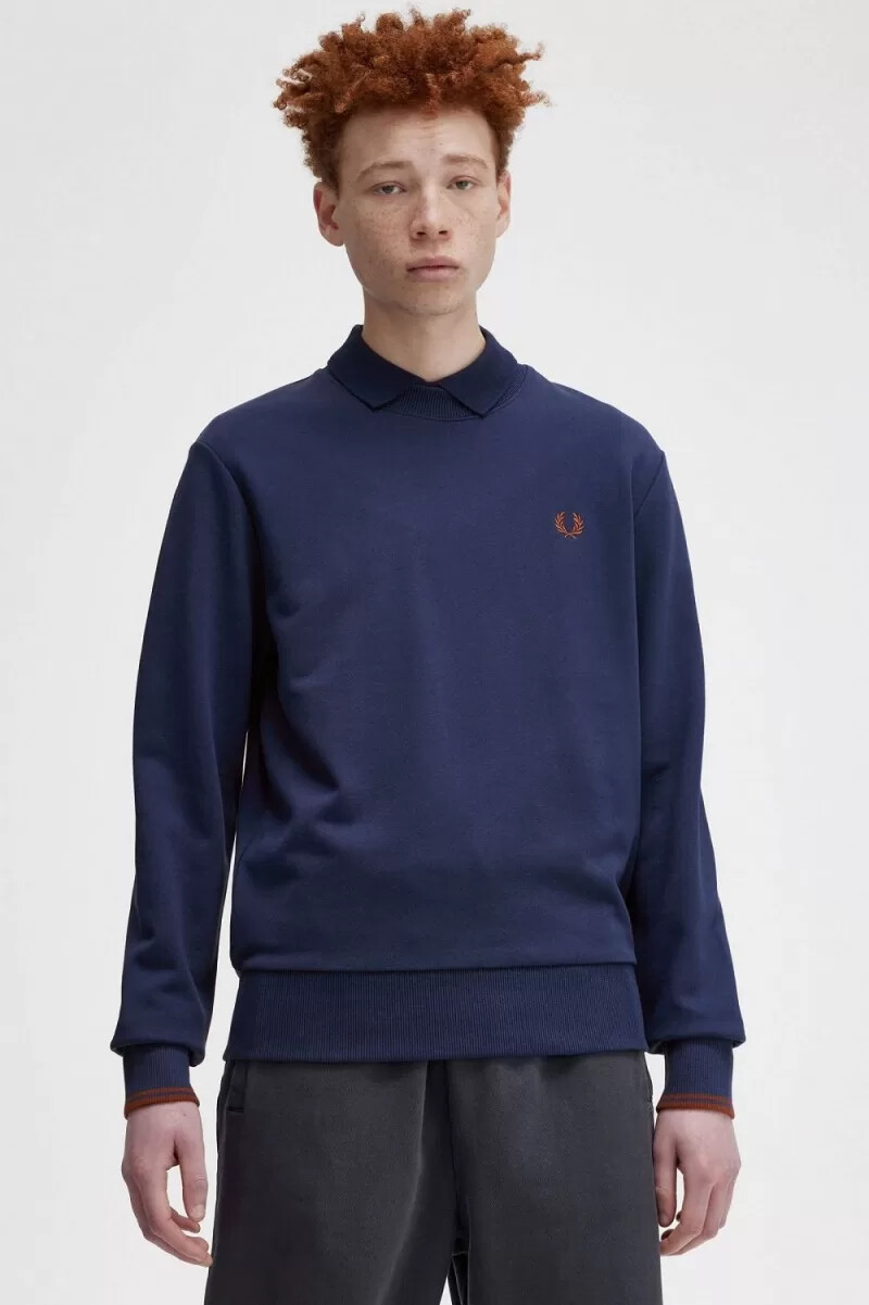 fred perry crew neck herrtröjor fransk marinblå whiskybrun