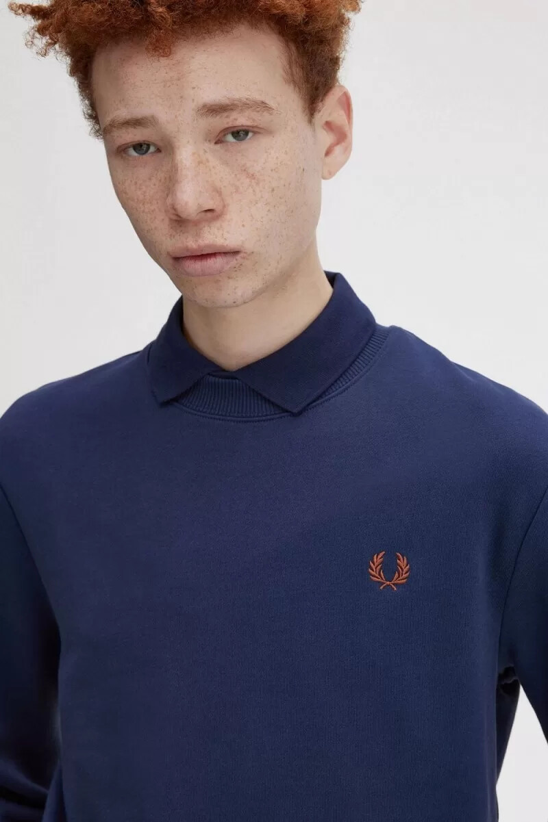 fred perry crew neck herrtröjor fransk marinblå whiskybrun