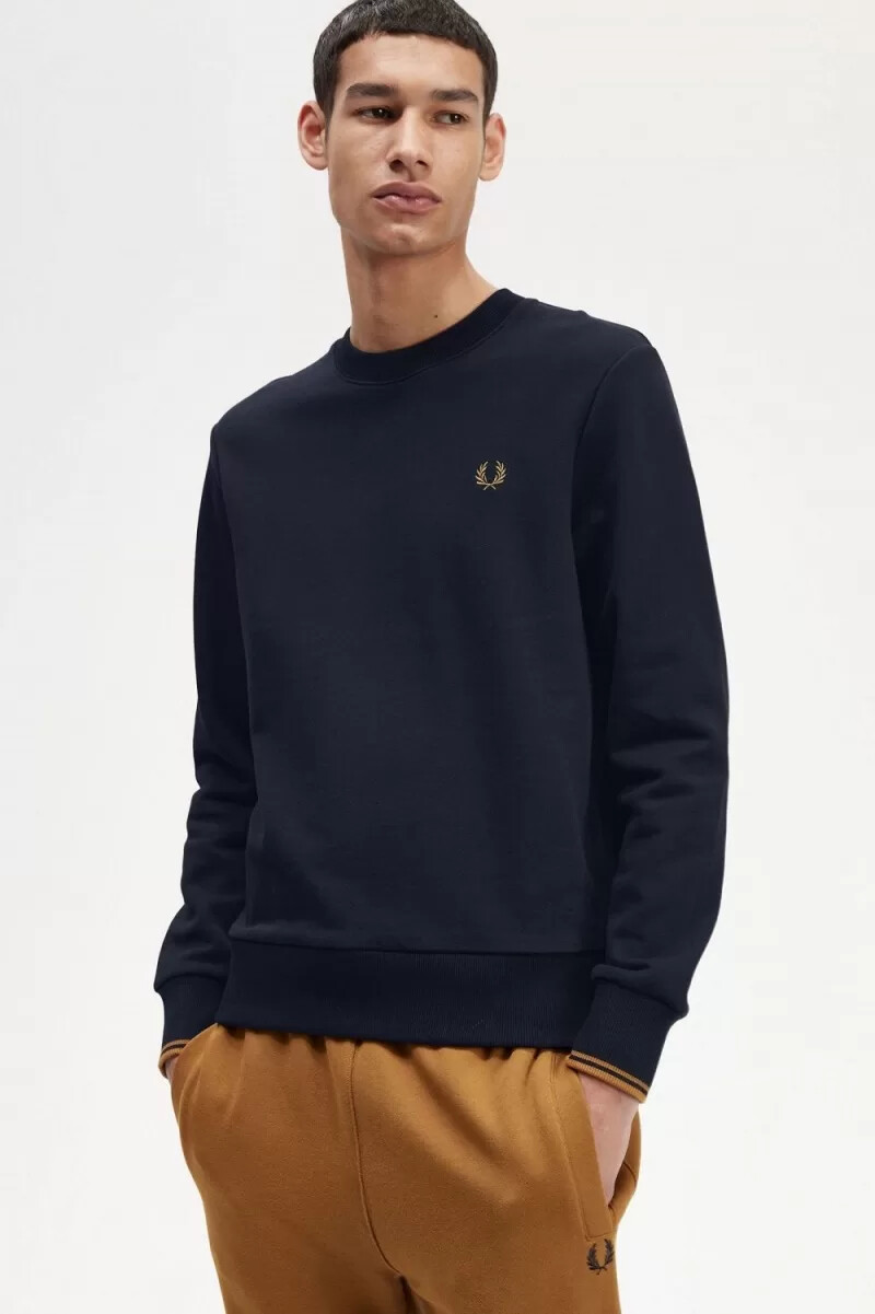 fred perry crew neck herrtröjor marinblå mörk kaffe