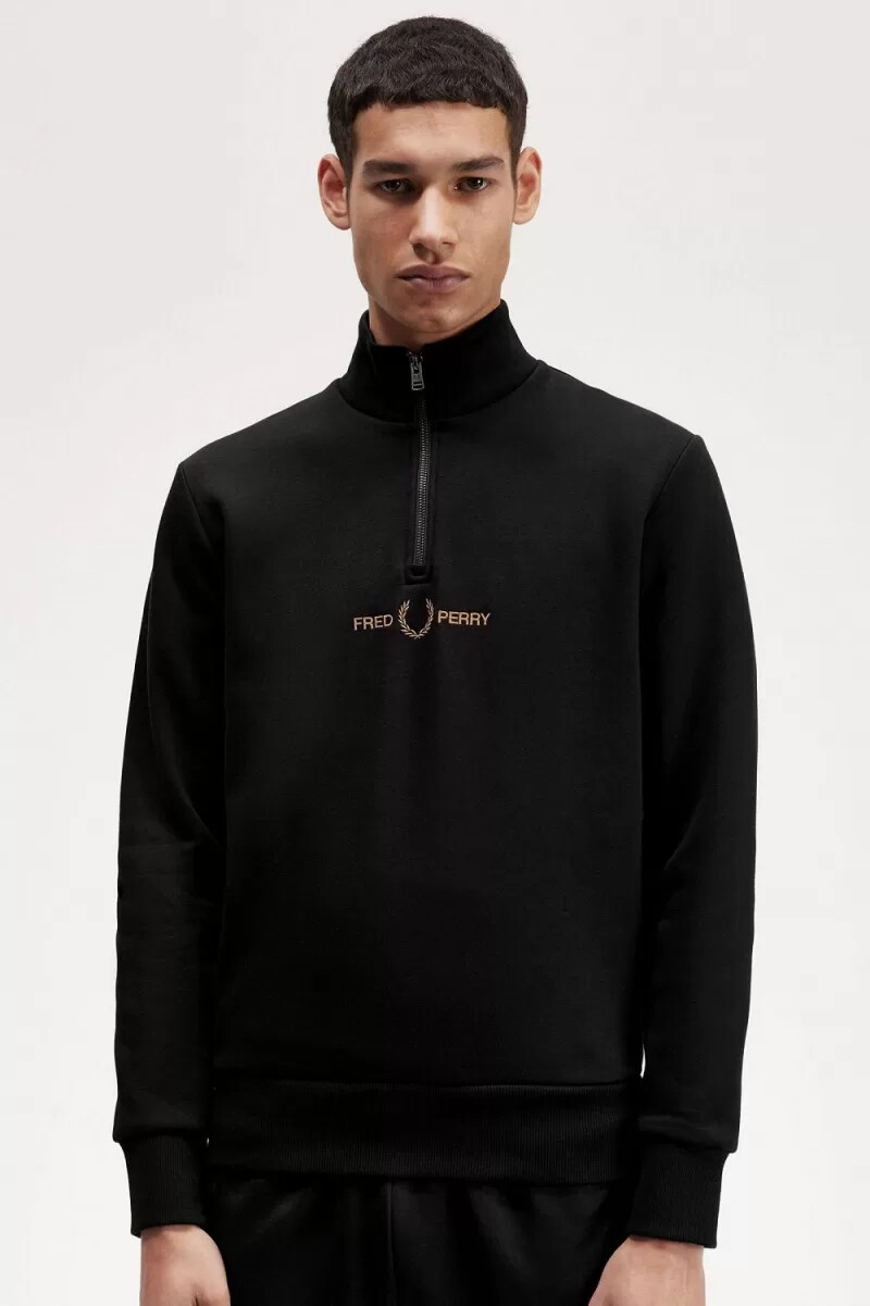 fred perry dubbelgrafik halv dragkedja herrtröjor svarta