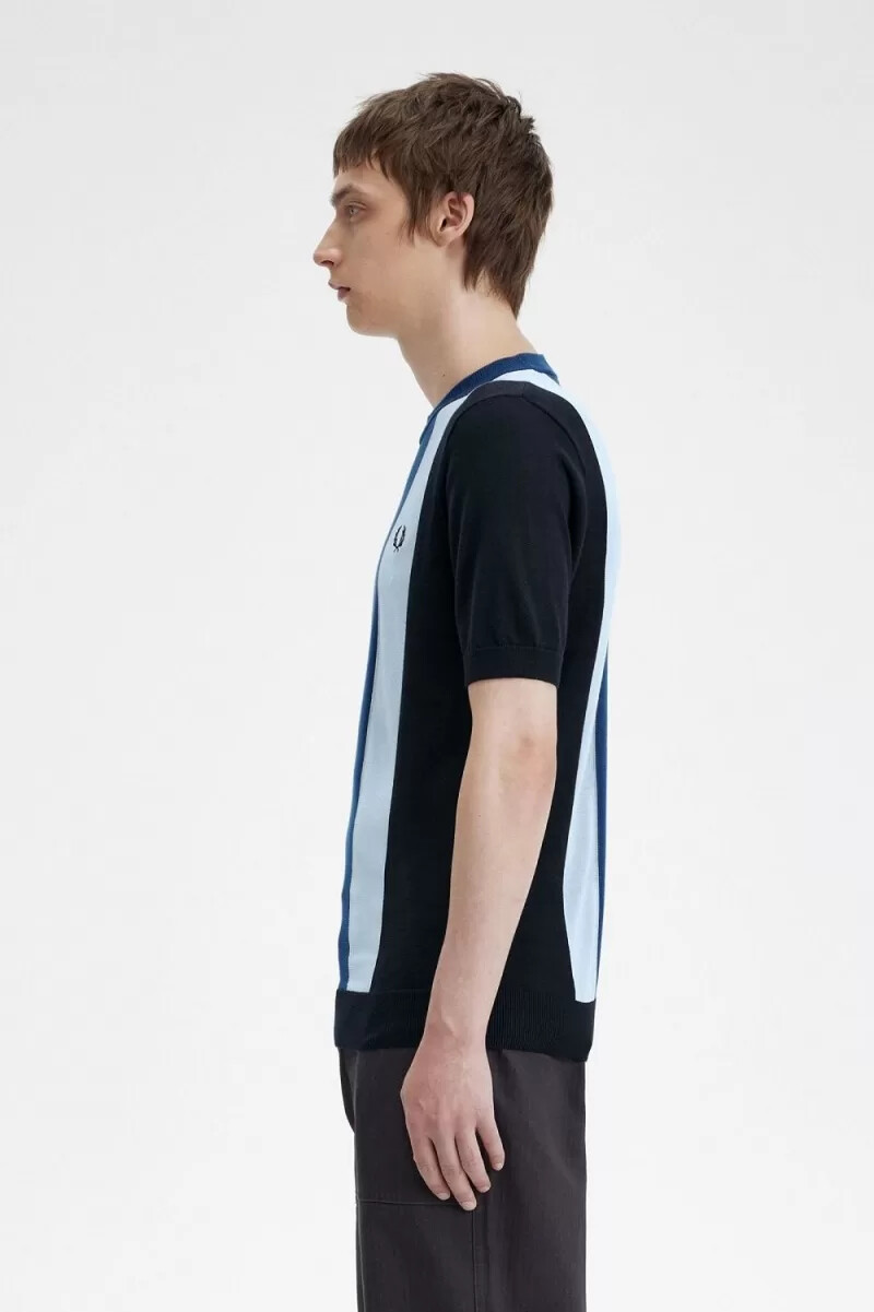 fred perry randig finstickad herr-t-shirt marinblå turkos shaded cobalt
