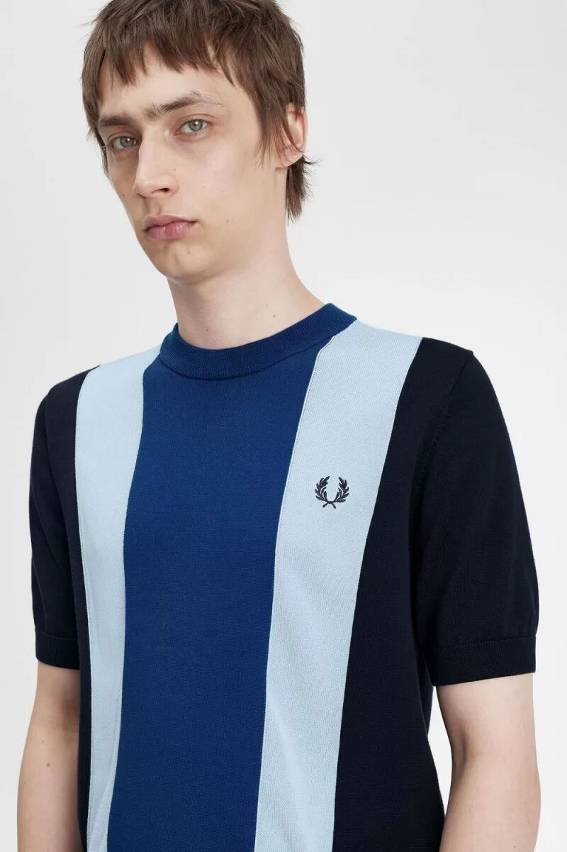 fred perry randig finstickad herr-t-shirt marinblå turkos shaded cobalt