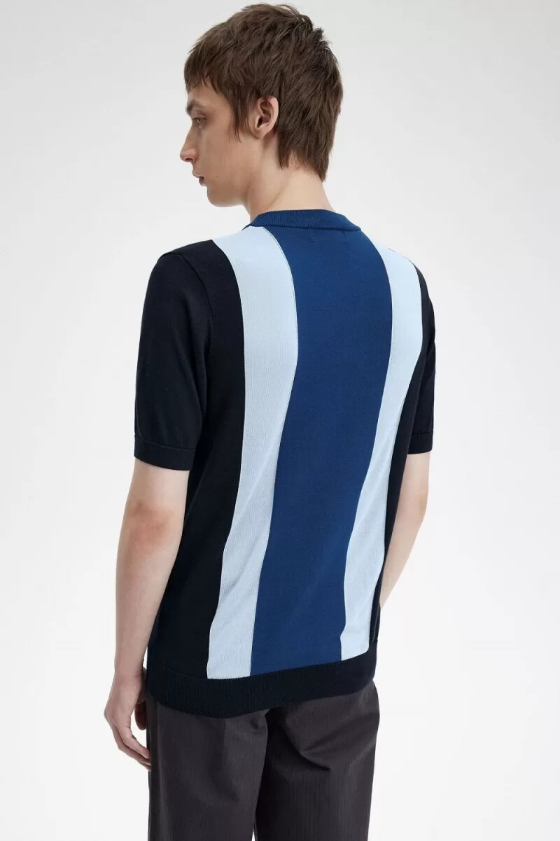 fred perry randig finstickad herr-t-shirt marinblå turkos shaded cobalt