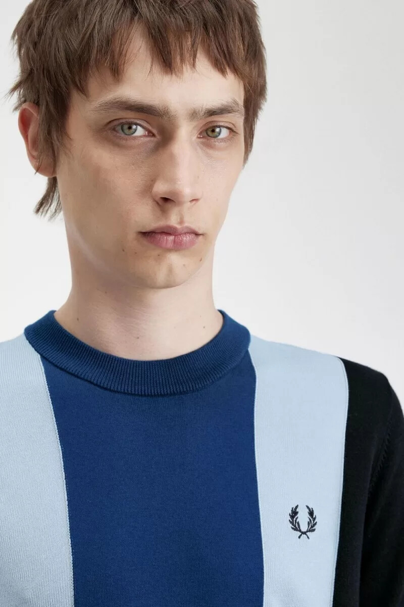 fred perry randig finstickad herr-t-shirt marinblå turkos shaded cobalt