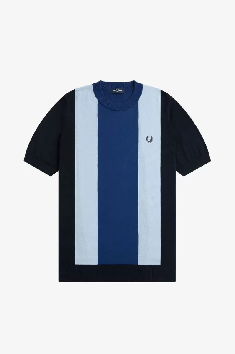 fred perry randig finstickad herr-t-shirt marinblå turkos shaded cobalt