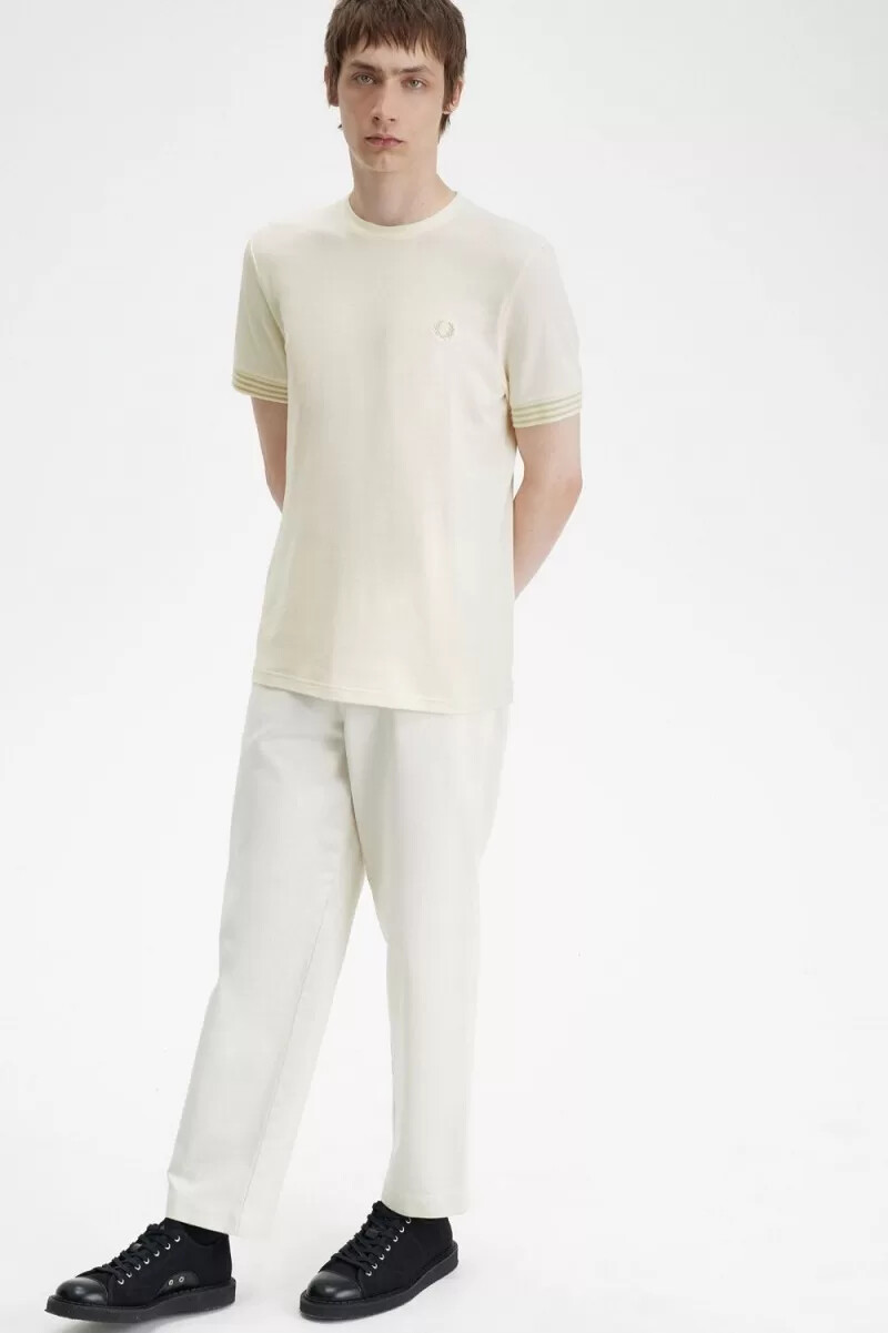fred perry randig manschett herr t-shirt beige