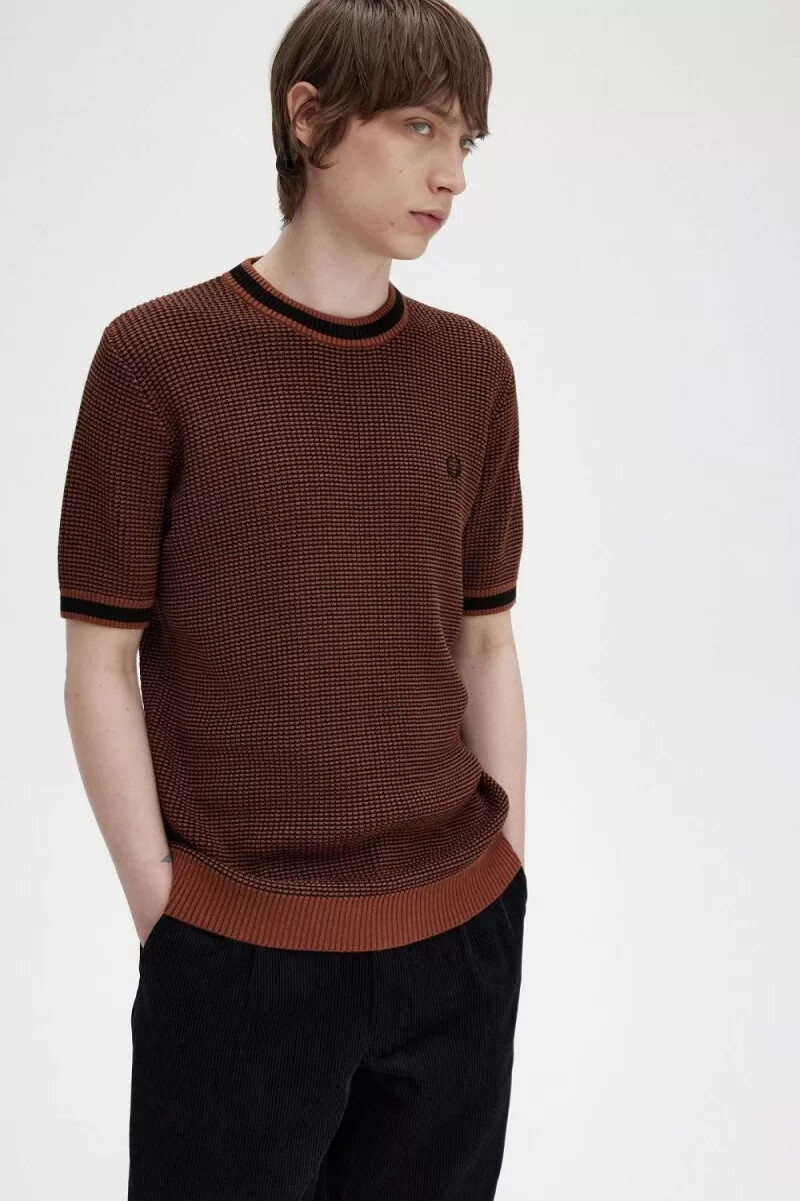 fred perry textured stickad herr t-shirt whiskybrun