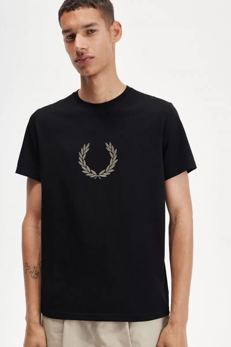 fred perry flockad laurelkrans herr t-shirt svart varm grå